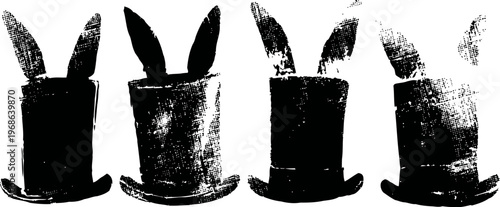 black magician hats with rabbit ears in various angles, vintage silhouette