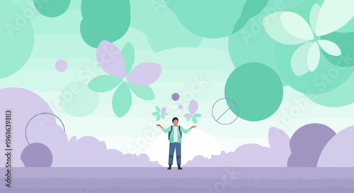 Man Juggling Abstract Floral Shapes in Dreamy Sky