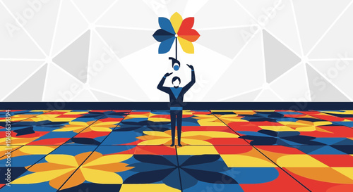 Man Juggling Colorful Abstract Flower Shapes in Geometric Pattern Background