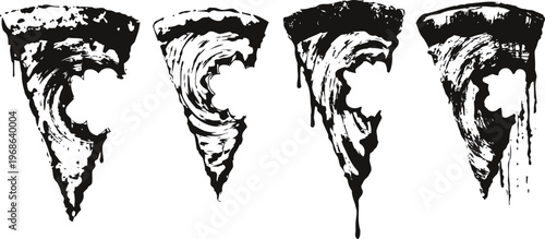 Four melting slices of pizza with dripping cheese and sauce on white background