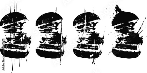 Four black brushstroke silhouettes of stacking stones in balanced zen arrangement, abstract design on white background