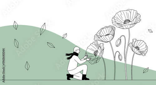 Man Kneeling Amongst Giant Poppies, Delicate Leaves Falling, Minimalist Line Art Illustration