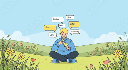 Man learning languages in nature, surrounded by speech bubbles with greetings