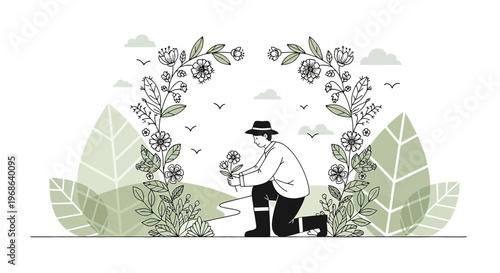 Man Kneeling with Flowers Under Floral Archway, Nature Scene Illustration