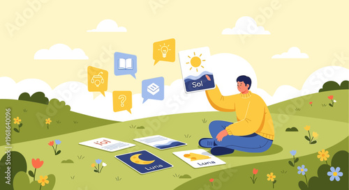 Man Learning with Flashcards Outdoors Among Flowers