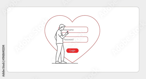 Man Logging In with Heart Shape Login Form, Love Connection Concept