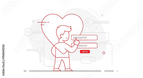 Man Logging In with Heart Icon, Password Entry, Security and Love Concept