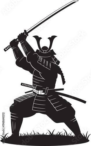 samurai warrior in a dynamic combat stance, standing on grass