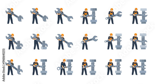 Collection of cartoon workers with wrenches.