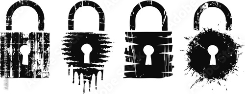 set of four black grunge padlock silhouettes isolated on white background security concept