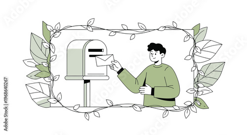 Man Mailing Letter in Nature Frame, Eco-friendly Communication, Illustration