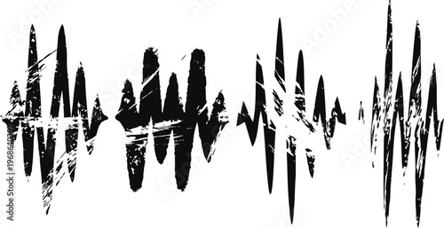Grunge black sound waveforms pattern with rough textured edges and abstract audio signal design