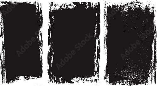 Three black grunge rectangular frames with textured irregular edges and distressed appearance