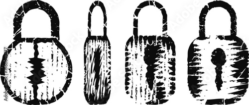 set of vintage padlocks with rustic texture and varied keyhole designs, old metal security locks