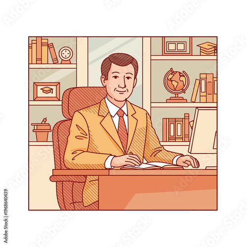 Professional man in a suit sitting at an office desk with bookshelves and a globe in the background.