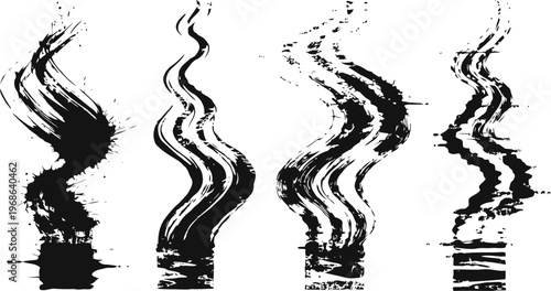Glitch smoke distortion digital effect with vertical wavy black smoke shapes on white background