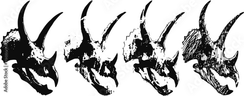 Four black sketch illustrations of a tyrannosaurus rex skull in different angles and details