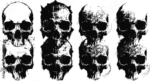 Four grunge black skulls with splatter paint effect in vertical rows dark horror, gothic graphic design elements