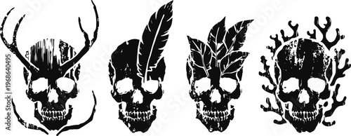 Grunge skulls with antlers, feather, leaves, and branches gothic, nature inspired decorative elements in black