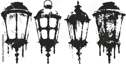 vintage street lamps silhouette set classic lantern designs in black isolated vector illustration