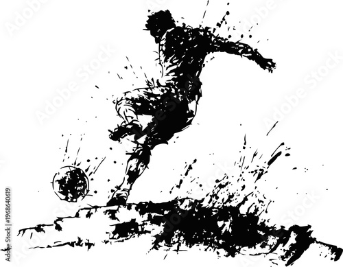 Dynamic black ink splash illustration of a soccer player kicking ball in action pose on white background