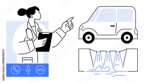 Telemedicine, transportation, water management, technology, healthcare, consultation services. Female doctor on video call interface, car illustration and flowing water. Telemedicine