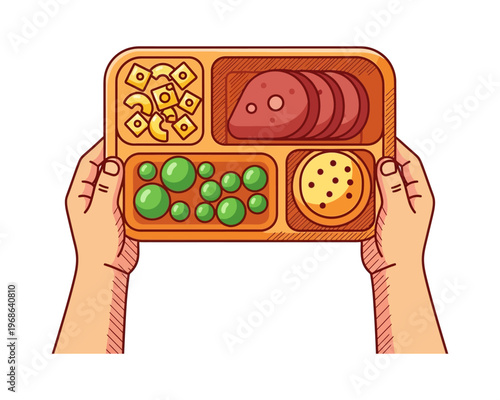 Hands holding a compartmentalized tray filled with various food items like macaroni, sliced meat, peas, and a cookie.