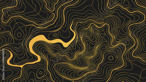Abstract topographic map contour lines vector background. Luxury golden flowing pattern on black background for premium packaging, branding, geography, and outdoor adventure design