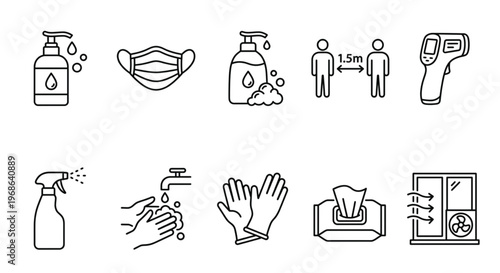 Hygiene and Virus Prevention Safety Line Icon Set.