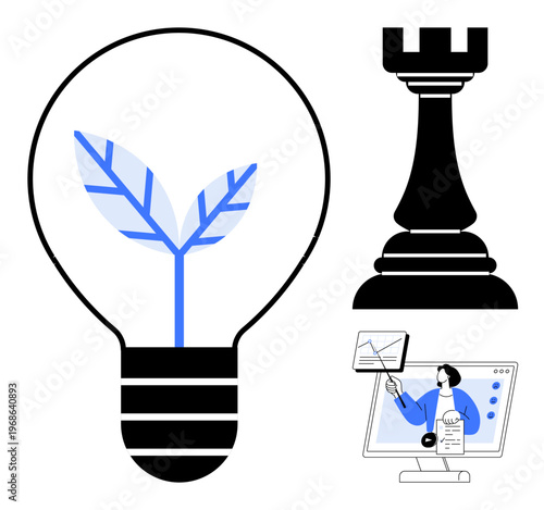 Sustainability concept. Sustainability through a leaf design in a bulb. Sustainability interwoven with strategy, ed by a chess rook, and educational growth via online learning. Ideal for innovation