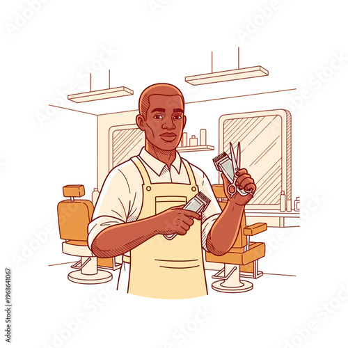 A confident Black male barber holding clippers and scissors in a modern barbershop.