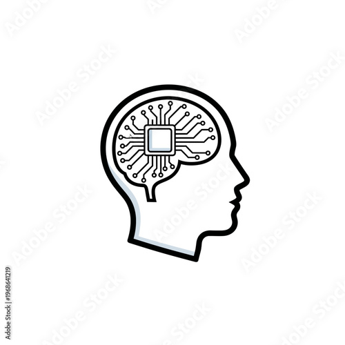 A black line drawing of a human head with a microchip in the brain.