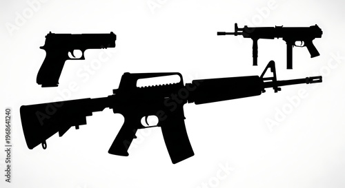 Silhouettes of Firearms - Handgun, Rifle, and Submachine Gun.