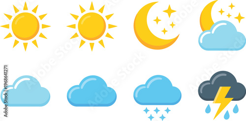Weather icon set, vector symbols of sun clouds moon rain snow and thunderstorm for forecast app design and user interface illustration.
