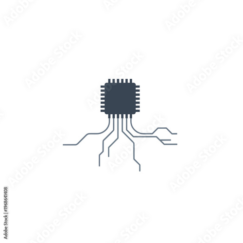 Simple dark blue microchip illustration with connecting wires.