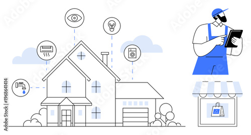 Smart home automation, IoT devices, home security, energy management, convenience services, professional setup. House with connected appliances and technician using a tablet. Smart home automation