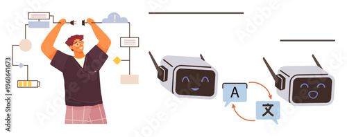 Artificial intelligence, robotics, language translation, cloud computing, innovation, technology integration. Robot faces and language symbols with a person assembling components. AI and robotics in