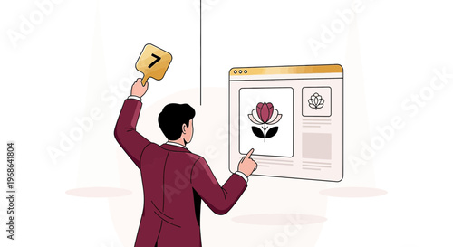 Man holding auction paddle near website displaying floral logo, online auction concept