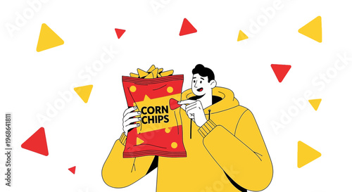 Man Holding Bag of Corn Chips with Colorful Triangles - Snack Time Fun