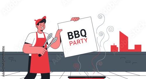 Man Holding BBQ Party Sign Above Grill with Smoke, Cityscape Background