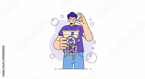 Man Holding Boba Tea Cup with Berry Toppings, Flat Design Illustration