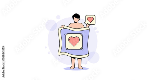 Man Holding Blanket with Heart Icon, Love and Care Concept