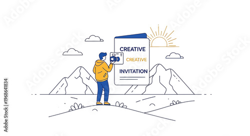 Man holding camera, creating invitation on mountain landscape, line art illustration