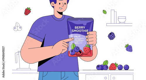 Man Holding Berry Smoothie Pouch with Fresh Fruits and Kitchen Background