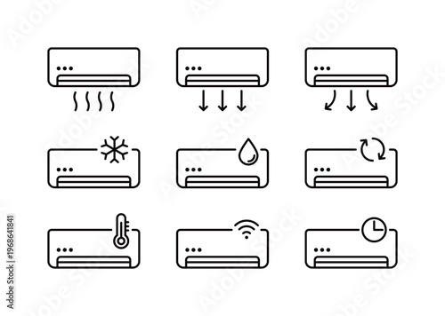 Set of air conditioner function icons. Minimalist black line vector illustration of AC unit modes including cooling, dehumidification, ventilation, temperature control, and timer for smart home UI.