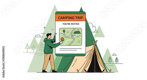 Man holding camping trip invitation near tent and mountains, outdoor adventure concept
