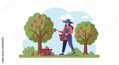 Woman Harvesting Fresh Red Apples in an Orchard