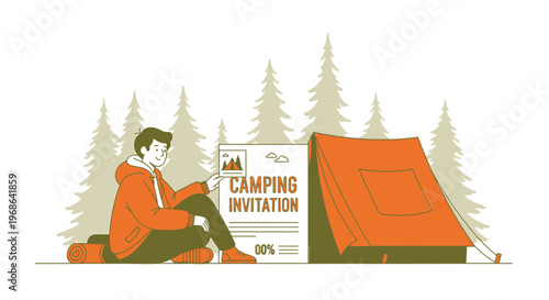 Man Holding Camping Invitation Card Next to Tent in Forest