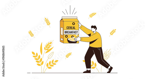 Man Holding Cereal Box, Healthy Breakfast Concept, Wheat Stalks, Flat Design