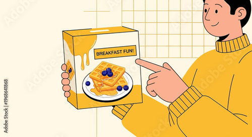 Man Holding Cereal Box with Waffles, Syrup, and Blueberries - Breakfast Fun